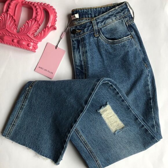 Avec Les Filles High Waisted Distressed Split Hem Ankle Jeans - Picture 4 of 15